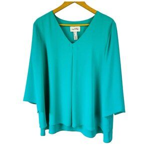Joseph Ribkoff Chiffon Layered Blouse 14 Aqua Tunic Top Flared 3/4 Sleeve